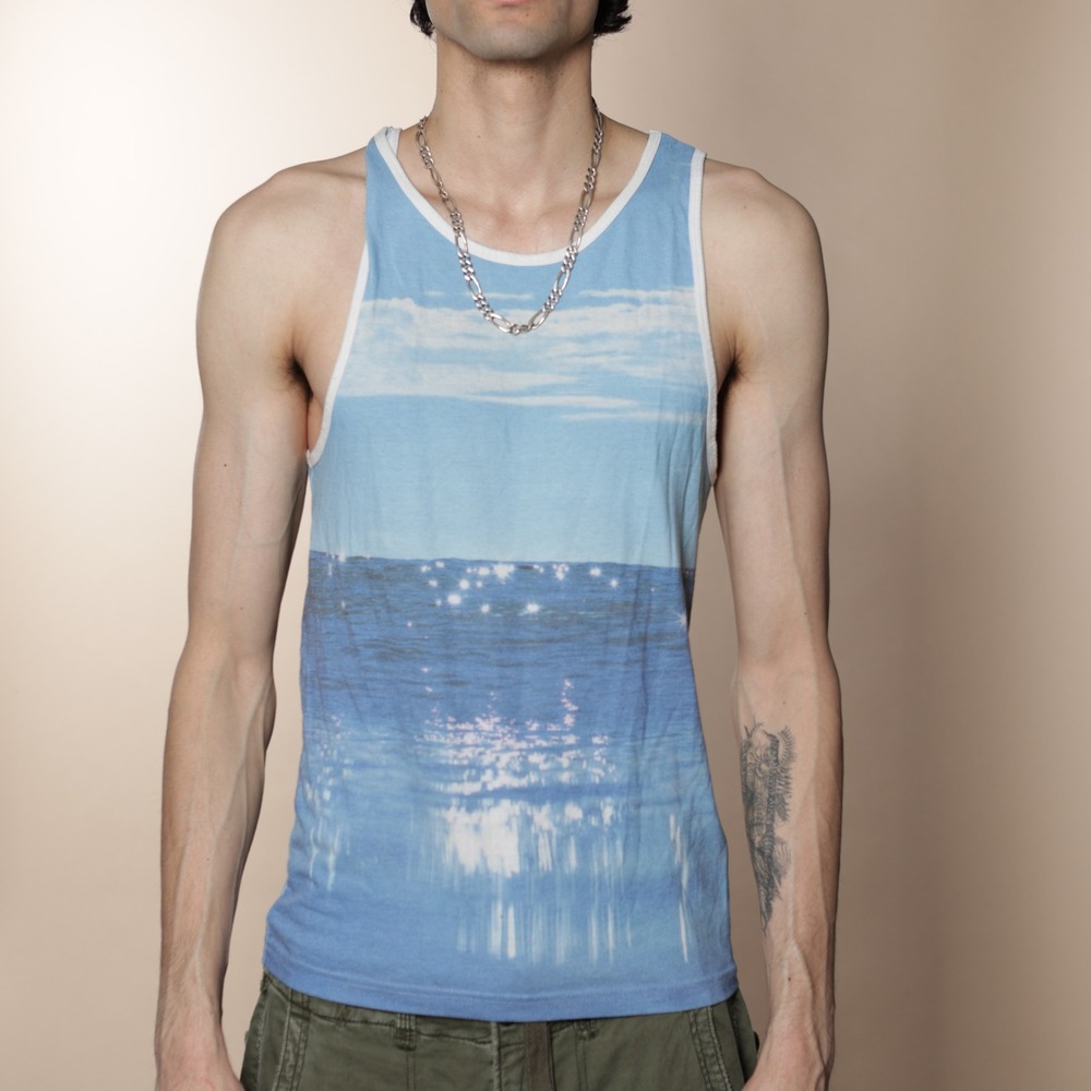 Rare Vans Y2K Mens Small Blue Ocean Wave Sky Graphic Tank Top Off The Wall